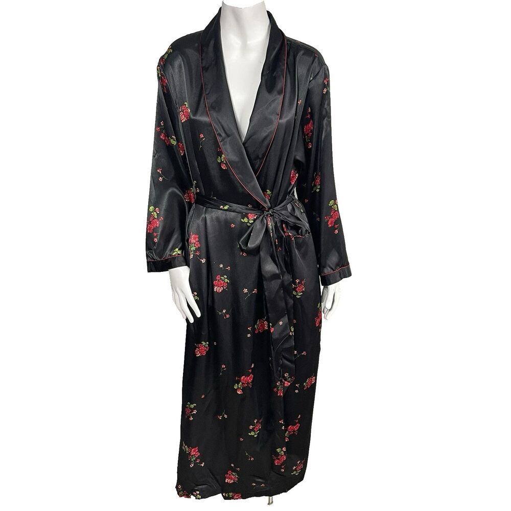 Jones New York Plus Size Satin Long Robe 1X Black Floral Luxury Wrap Kimono